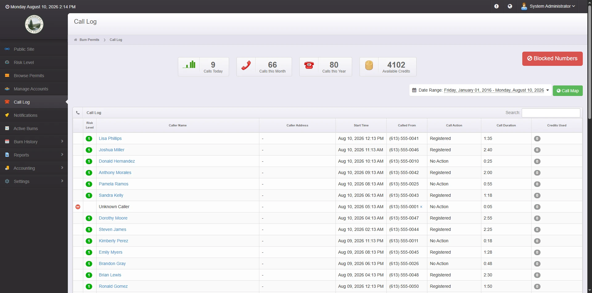 Admin call log — automated phone system activity