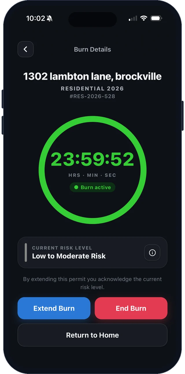 Burn Permits app — an active burn with its 24-hour countdown