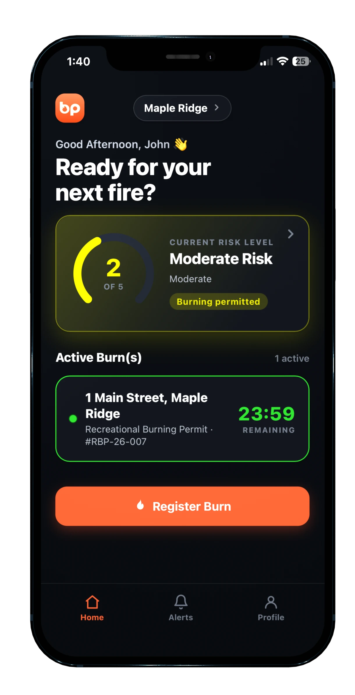 Burn Permits resident app — home screen with current risk level and an active burn