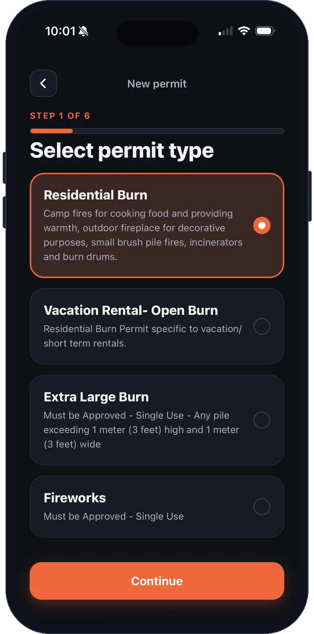 Burn Permits app — selecting a permit type during registration
