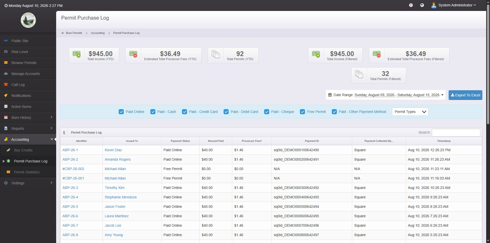 Burn Permits — purchase and payment log
